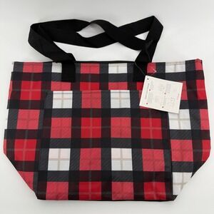 Thirty-One Quick Cinch Thermal Bag Red‎ Black Buffalo Plaid Insulated Tote NEW